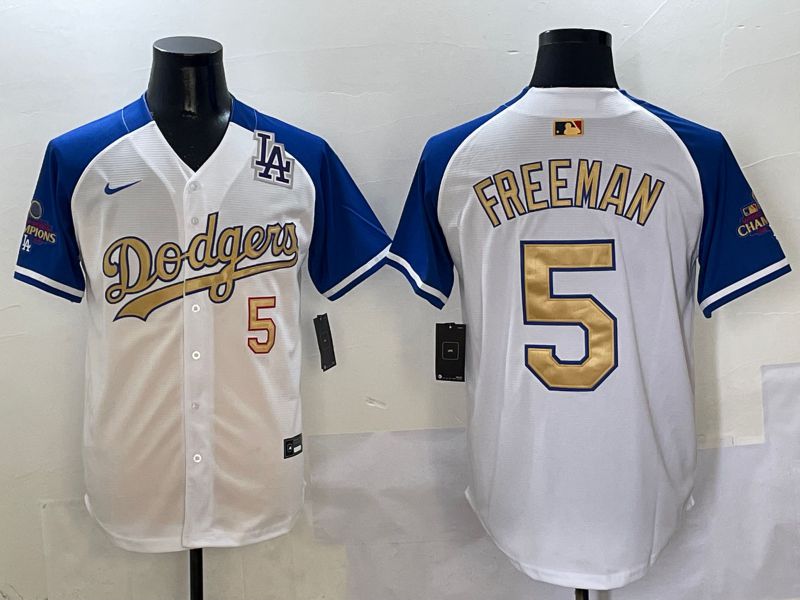 Men Los Angeles Dodgers 5 Freeman White Blue Gold Game 2025 Nike MLB Jersey style 5
